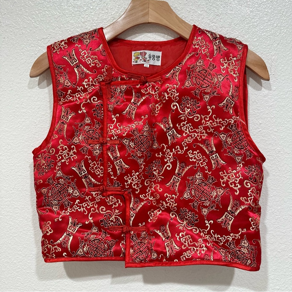 kid’s chinese korean red asian oriental floral print satin short sleeve top vest